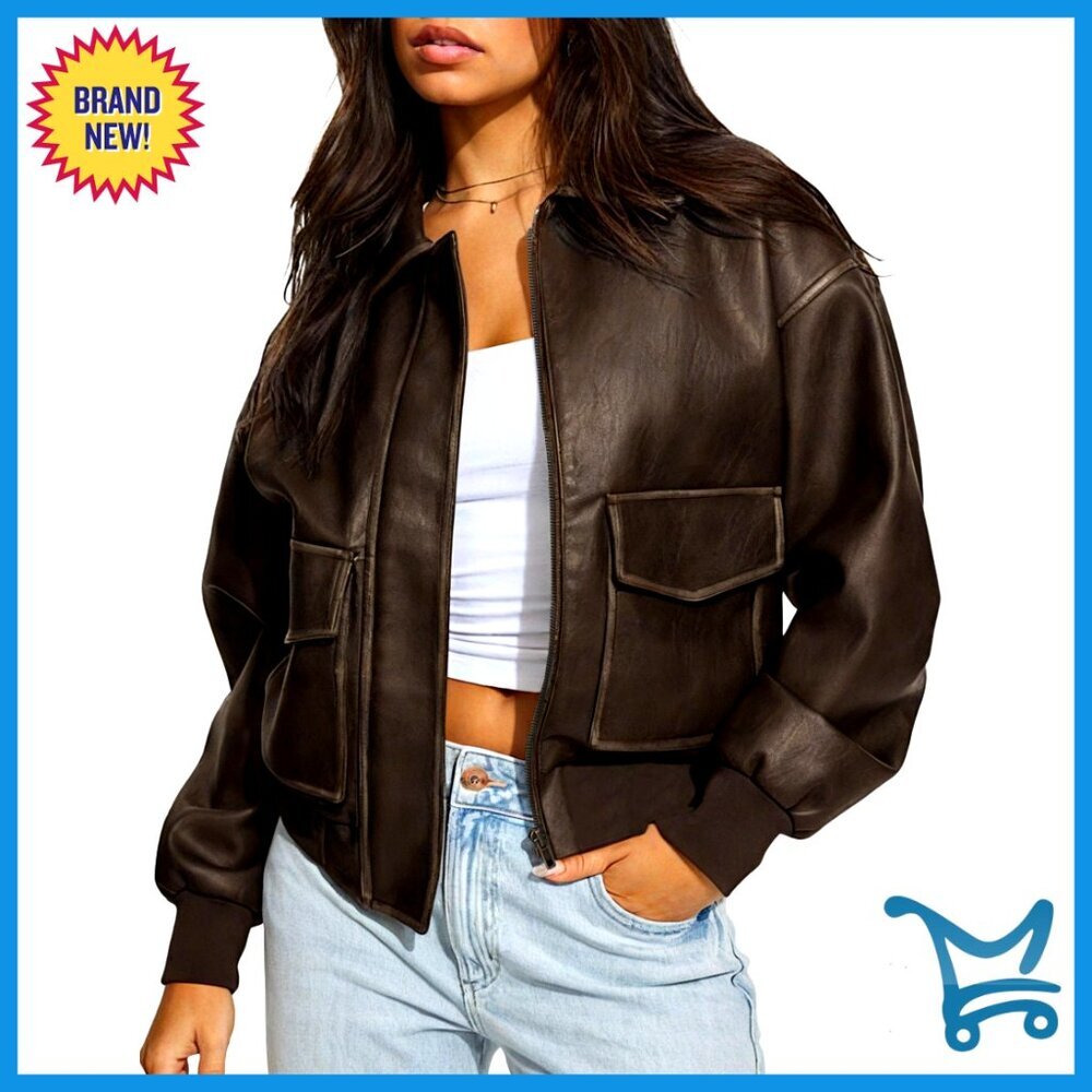Oversized Faux Leather Bomber Jacket with Zip Closure and Pockets